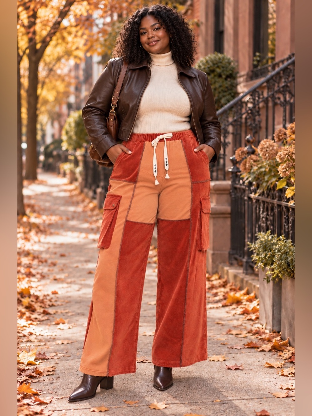 POL Wide Leg Patchwork Elastic Waist Cargo Pants Corduroy Pants - Rust Size L